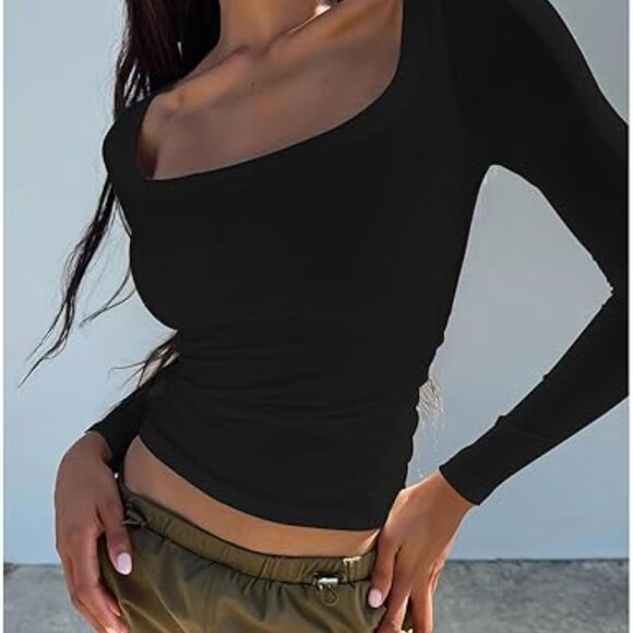 NEW! Cute Womens Long Sleeve Square Neck Shirts Slim Fit Y2K TShirt Fall Winter - Picture 5 of 7
